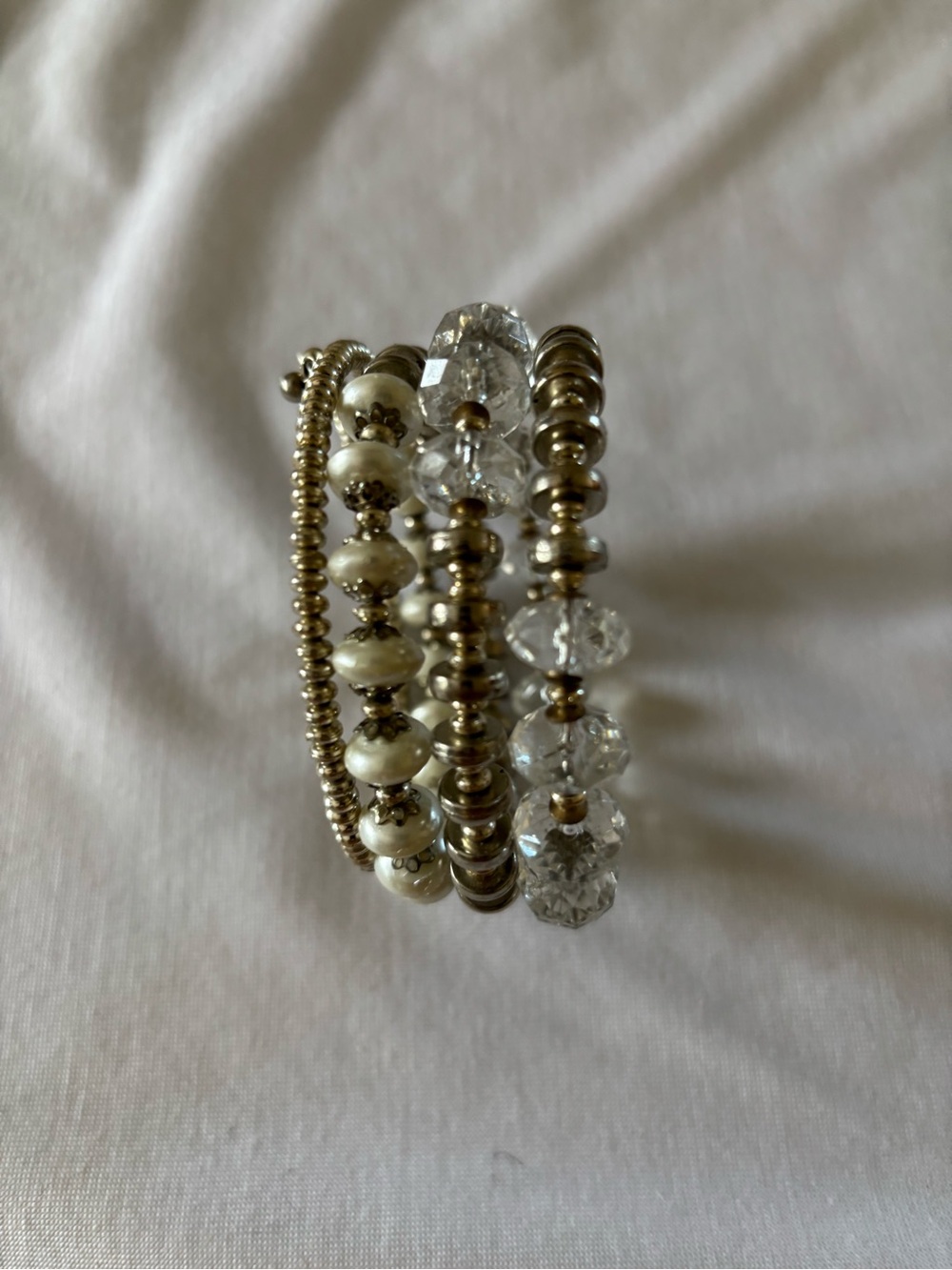 Elegant Pearl and Crystal Coil Bracelet - White and Silver